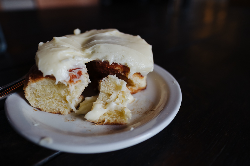 Cinnamon roll at Fox in the Snow, the best coffee shop in Columbus, OH, 2017